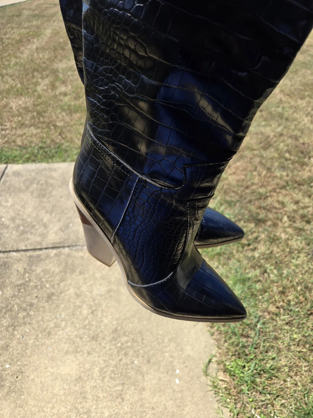 Black Croc-Embossed Knee Boots with Block Heel